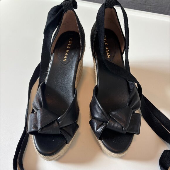 Cole Haan Black Leather Espadrille Wedge Sandals with Ankle Wrap 8.5 B - Picture 1 of 10